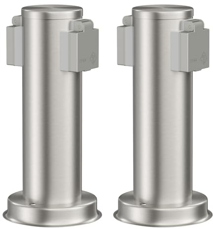 ledscom.de 2X Garten Steckdosensäule PORU für außen, IP44, 2-Fach, Edelstahl, Edelstahl, rund, 27 cm