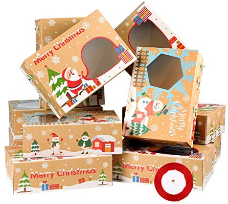 16 Pcs Christmas Cookie Boxes With Clear Window - Xmas Kraft Paper Food Bakery Treat Boxes for Cake Cupcake Cookie Candy Biscuit - Includes 22 m Ribbons for Christmas Party Supplies and Gift Giving