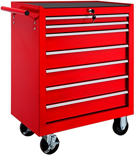 TecTake ® Carrito Auxiliar con Ruedas, 7 Cajones, Revestido en Polvo, Organizador de Herramientas, Caja de Herramientas Vacía, Armario Metálico, Carro Taller, Ruedas con Freno - Rojo