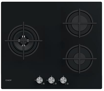Candy Moderna CSG63B4PB Placa Gas Natural adaptable a Gas Butano, Cristal Templado, 3 Fuegos, 60 cm, Mandos Centrales, Válvula Seguridad Sicurflame, Negro