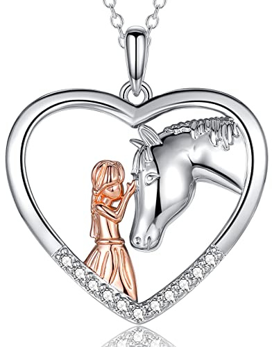 USEEDOVIA Pferde Mädchen Geschenk Herz Kette Halskette Damen 925 Weißgold| Damen Silberkette Mädchen Kette Herz Kette Silber Schmuck Damen Geschenk für Frauen Ostern Geburstag mit Geschenkbox
