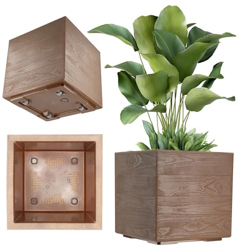 KADAX Jardinière Carrée de 40 cm, Grand Pot de Fleurs Écologique pour Intérieur et Extérieur, Bac à Fleurs vec roulettes et Système de Drainage (Marron, Effet Bois)
