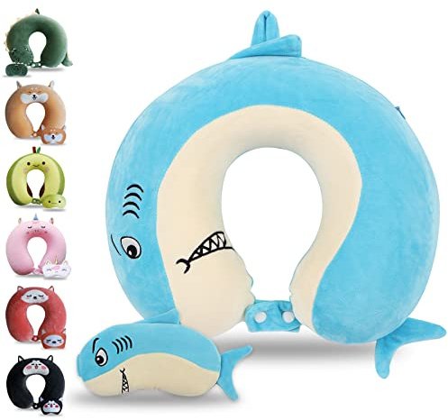 Sexysamba Cartoon Headrest & Neck Pillow for Kids Boys & Girls, Teens, Travel Accessories for Airplane, Car, Recline, Memory Foam Cute Travel Pillow with Sleep Eye Mask - Shark