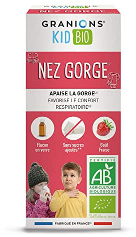 GRANIONS KID BIO GRANIONS NEZ GORGE - Certifié - DOUBLE ACTION : Apaise la gorge & favorise le confort respiratoire - Formule naturelle à base de sirop d'agave -Goût fraise - 125 ml