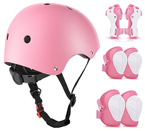 WayEee Knieschoner Kinder mit Helm, Schonerset Kinder 3-10 Jahre, Knieschützer Inliner Kinder Schutzausrüstung für Inliner Skateboard Fahrrad Rollschuh (rosa)