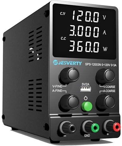 Jesverty DC Power Supply Variable, 0-120V 0-3A Adjustable Switching DC Regulated Bench Power Supply with High Precision 4-Digit LED Display, 5V/2A USB Port, Coarse and Fine Adjustment SPS-12003N
