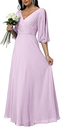 Damen Halbarm Doppelter V-Ausschnitt Brautjungfernkleider Lang Chiffon Plissee Formell Abendkleid, Flieder, 50