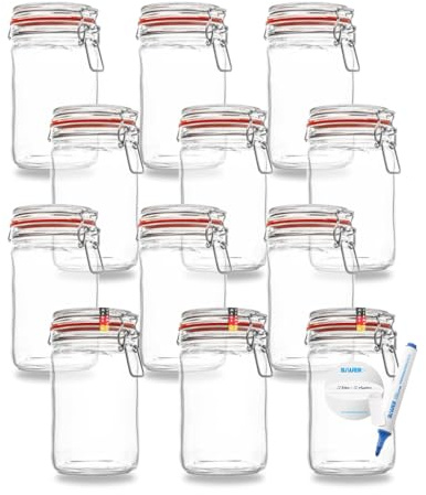 Flaschenbauer Drahtbügelglas Set 12x 1150ml - Einmachgläser mit Bügelverschluss inkl. Etiketten - Vorratsglas mit Dichtungsringen, Bügelglas, Aufbewahrungsglas für Lebensmittel, Made in Germany