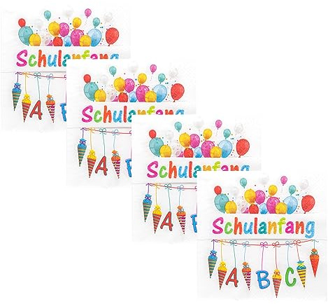 Idena 50066-4 - Servietten Schulanfang im Set, 4 x 20 Stück, 3-lagig, 33 x 33 cm, Deko Einschulung