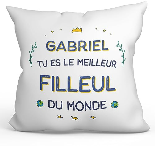 Mugffins Personnalisable: Coussins/Oreillers avec Rembourrage pour FILLEUL - 40x40 cm - en Français - Cadeau Personnalisable- Meilleur du Monde