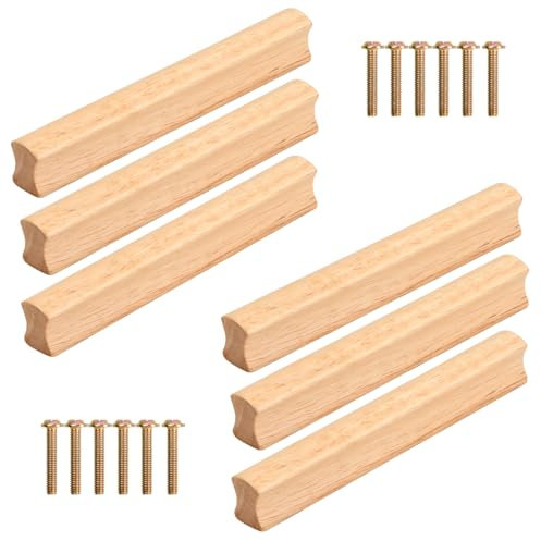 6 Piezas Tiradores Madera de Muebles, Tiradores de Armario con Tornillos, Tiradores para Cajones Mango de Madera de Estilo Sencillo para Armarios, Cajones, Armarios, Estanterías - 128mm