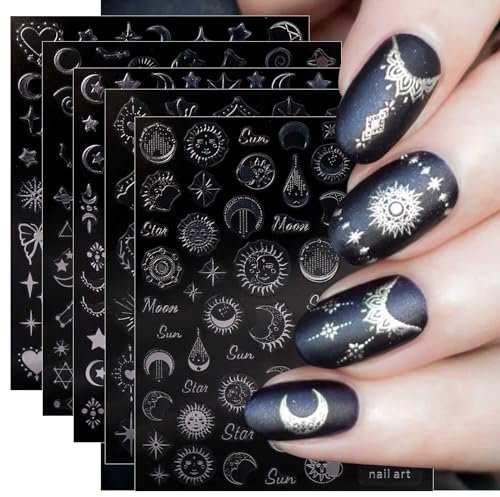 JMEOWIO Nagelsticker Mond Stern Sonne 9 Blatt Nail Art Sticker Selbstklebend Nagelaufkleber Silber Dekoration Nageldesign Zubehör