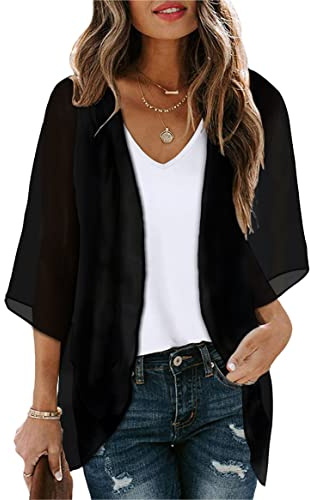 florynova Womens Kimono Cardigan Loose Beach Cover Ups(Black,XL)