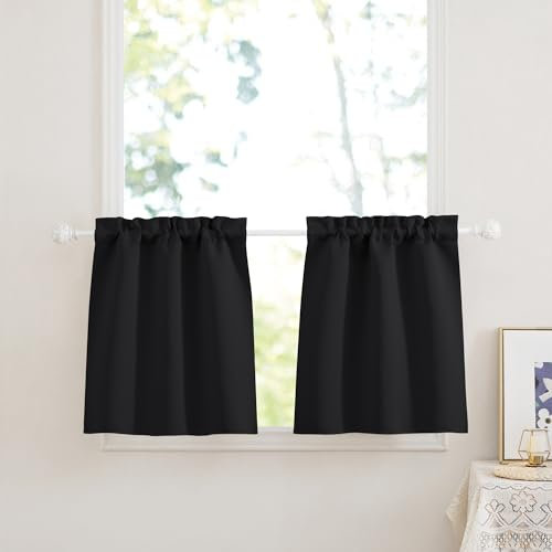PONY DANCE Tende Oscuranti per Finestre Piccole Tende Corte per Cucina Tendine Finestra a Vetro Blackout Curtains Termiche con Tasca 2 Pezzi 60x45 CM, Nero