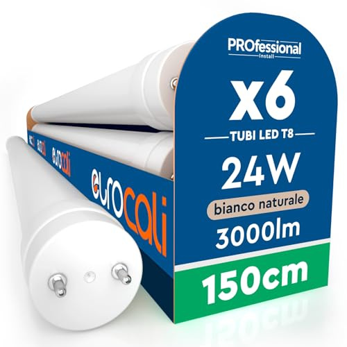 6 Tubi LED 24W 150cm T8 G13 SMD con Starter 3000 Lumen Garanzia 3 Anni - Luce Naturale 4000K - Alta Luminosità 125 lm/W - Sostituzione Neon per Soffitto Garage e Negozio in Materiale Nano Plastic