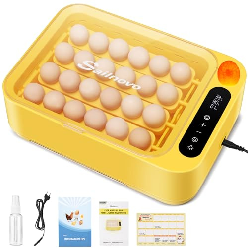 Sailnovo-24 Brutautomat für Hühner, Andere Vögel + 20 Eier + Brutautomat vollautomatisch + Temperaturkontrolle + Feuchtigkeitsanzeige + Externer Wasserzugabe- Gelb