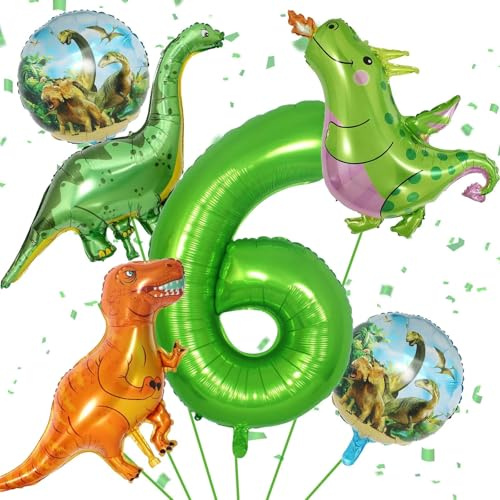 6th Birthday Dinosaur Decorations - Giant Inflatable Dinosaur Balloons, 40 Inch Helium Foil Mylar Number 6 Balloons