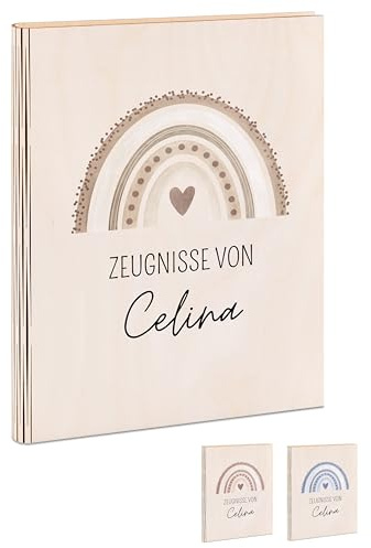 Wunderwunsch® - Personalisierte Holzzeugnismappe mit hochwertigem Spezial-Druck - Einschulung Geschenk für Jungen & Mädchen (Regenbogen beige)