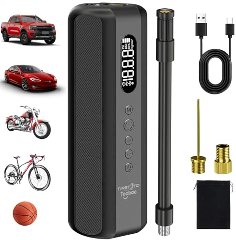 Tccbac Gonfleur de Pneu Portable pour vélo/Moto, Pompe électrique de Pneu de Voiture avec manomètre, Mini compresseur d'air Rechargeable 5200 mAh, gonflage Rapide, 150 psi, Pression des pneus