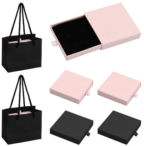 Dokeno Caja de Regalo de Joyería, 4 Kraft Cajas de Regalo con 2 Bolsas de Regalo, 8x8x1.8cm Caja de Collar Caja de Pendientes para Cumpleaños Día de San Valentín Boda