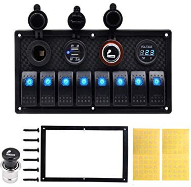 MUEOSI Panneau de Commutation électrique 8 5Gang, for 12 V 24 V RV Voiture Bateau Marine avec Double Prise Allume-Cigare USB Voltmètre d'éclairage étanche Tableau électrique(Blue A)