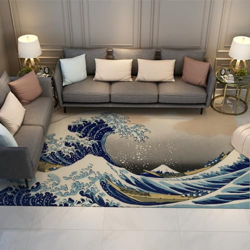 LANDERSION Japanischer Ukiyoe Großflächenteppich 120x170cm - Mount Fuji Huge Wave Wohnzimmerteppich Retro Boden Teppich Throw Teppiche mit Gummirücken Waschbar