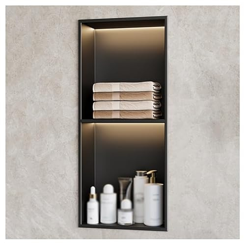 ZCFLWR Nicho de Pared de Acero Inoxidable, nicho de Ducha Empotrado con luz LED, Estante Organizador Impermeable para Almacenamiento en el baño, no Necesita Azulejos (Negro, 70 x 28 x 12,5 cm)