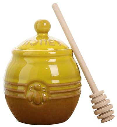 Honey Jars - Honey Jars With Lids | Honey Pot and Drizzler | Ceramic Honey Jar With Retro Bee Decor | Wooden Stirring Stick and Sealing Cover | Small Honey Container for Home and Kitchen Storage