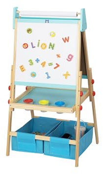 MindyToy Lavagna Cavalletto Bambino Doppio Lato in Legno, Altezza Regolabile, Lavagna Gesso e Bianco Magnetico Cancellabile, Alfabeto Puzzle, Giocattolo Educativo Montessori, Rotolo Carta Disegno e