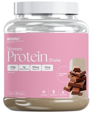 Beverly Women Protein - Proteína de suero especial mujer con colágeno marino, magnesio y vitamina E - 24 g de proteína por servicio - 33 servicios (1 Kg, Chocolate)