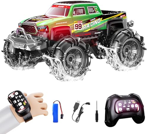 ROUSKY Monster truck radiocomandato anfibo, doppio controllo 2,4 GHz con orologio e controller, auto RC girevole a 360° con luci a LED, Racing Green (verde)