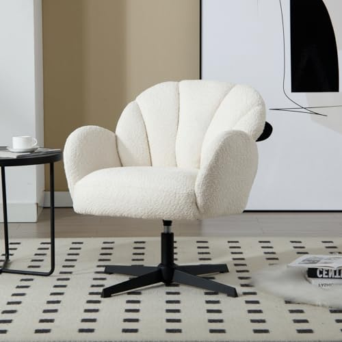 Ya-Home Fauteuil Pivotant en Fausse Fourrure Fauteuil de Salon avec Dossier à Coquillage Chaise de Coiffeuse avec Accoudoirs pour Chambre, Blanc
