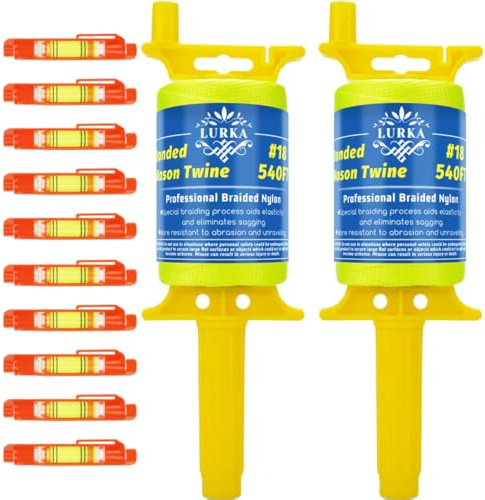 LURKA Mason Line String,#18 540 Feet Braided Construction Nylon Line with 5 Built-in Levels and Spool Fluorescent String Line for Precision Work, DIY, and Gardening (2 Pack Yellow Fluorescent)