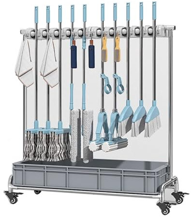YCOVSFP Support À Balais Et Serpillères, Organiseur De Produits De Nettoyage, Chariot De Nettoyage À roulettes, Station De Rangement for Outils De Ménage, Garage, Jardin, Placard, Armoire(10hooks)