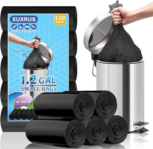 XUXRUS Bolsas de basura de 5 litros, 120 unidades de bolsas de basura negras, pequeñas, resistentes y duraderas, anti-desgarro y anti-rotura, para baño, casa y oficina (40 x 45 cm)
