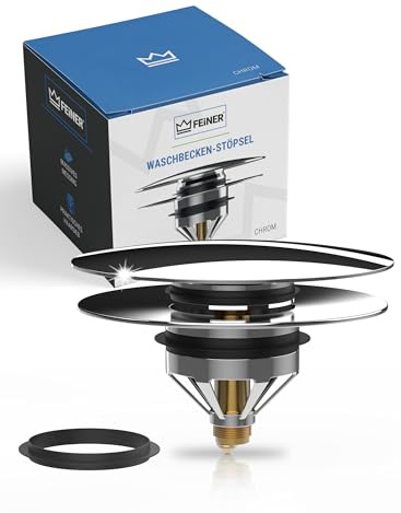 FEINER® - Universeller Pop Up Waschbeckenstöpsel - Abflusssieb für Waschtische – passend für Waschbecken Ablauf 34–42 mm Loch - mit Haarfänger inkl. Gratis Ersatz-Dichtungen in verschiedenen Größen