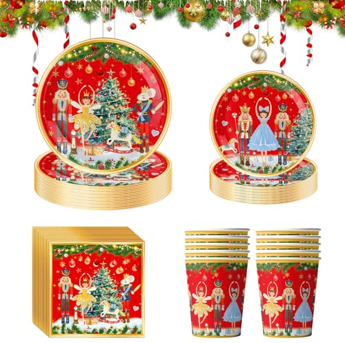 Embhlitfe Set da tavola per feste di Natale, per 10 ospiti, piatti di carta, tovaglioli, bicchieri, piatti natalizi, decorazioni per feste di Natale, 50 pezzi (rosso)