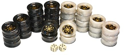 Spielstein- Set für Backgammon, Checkers, Dame, aus Polyester, mit Intarsien Design, 32 Steine aus Polyester, Verstuarkungswürfel und 3 x 2 Würfel 10, 14 & 16mm