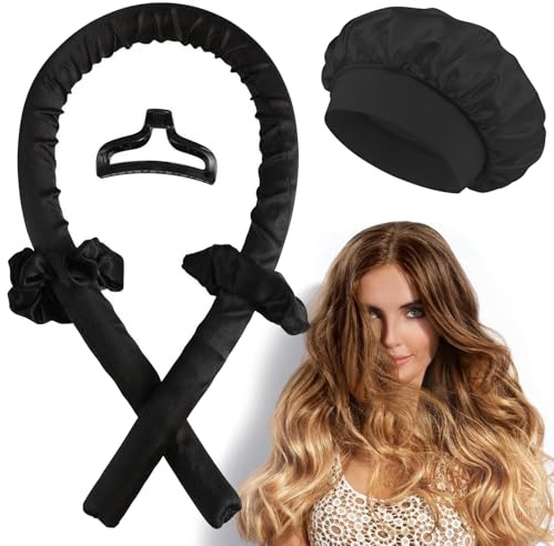 Locken ohne Hitze Heatless, Heatless Curls Band, 5 Stück Ohne Hitze Enthält Seidenkappe, Haarspangen und Haargummis, rutschfeste Übernacht-Lockenwickler für DIY-Locken (Schwarz).