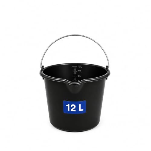 Baueimer 5er Set 12-Liter Schwarz - robuster Mörteleimer Betoneimer mit Skala aus Recycling Kunststoff PE mit Metallhenkel für Baustelle und Garten - BAU Eimer & HLKauf-Block