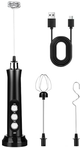 Mousseur à Lait Électrique Rechargeable, Tige Mousseuse en Acier Inoxydable 304 avec 3 Têtes, Appareil à Mousse Portatif, Chargement USB et Base de Rangement pour un Café et un Chocolat Chaud