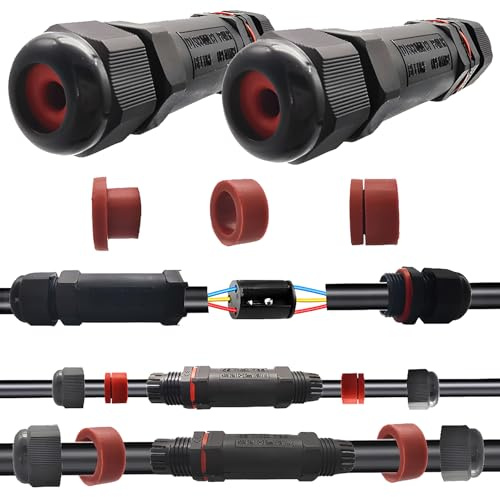 CESFONJER IP68 Wasserdichter Kabelverbinder, 2 Stück Außenkabelverbinder, Externe Anschlussdose, Kabelverbinder Hülsenkupplung für 2, 3polige Kabel mit 5-13mm Durchmesser, PVC Material, Schwarz