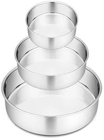 P&P CHEF Cake Pan Set of 3, 4 + 6 + 8 Round Baking Layer Tier Cake Pans Tins, Stainless Steel Bakeware for Birthday Weeding, Heavy Duty & Non Toxic, Mirror Finish & Dishwasher Safe