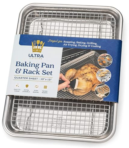 Ultra Cuisine Quarter Sheet Pan with Wire Rack Set - Includes Premium Aluminum Baking Sheet with 100% Stainless Steel Baking Rack, Cookie Cooling Racks with 1/4 Pan Commercial Quality