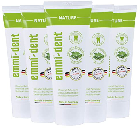 emmi-dent Ultraschall Zahncreme „Nature“ I Ideal für empfindliche Zähne und Zahnfleisch I Frei von Mikroplastik & Nanomaterialien I Vegan & glutenfrei I 5x 75 ml