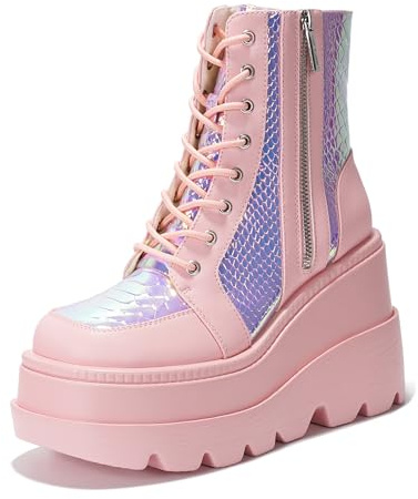Cape Robbin Radio Women's Holographic Platform Ankle Boots, Chunky Block Heel (Radio) - Pink Size 9