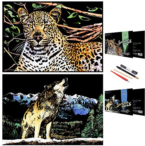SiYear Scratch Painting Art Paper, Animal Series Scratchboard für Kinder & Erwachsene, Geschenke & Arts Craft Kits mit 4 Werkzeugen, Größe: 16 '' x 11 '' (Wolf & Cheetah)