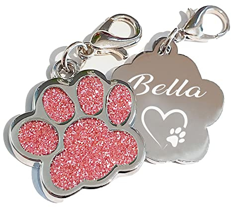 Edelstahl Hundemarke mit Gravur Glitzerpfote Plakette graviert Name Telefonnummer Adressanhänger personalisiert dog tag für Hunde oder Katzen (rosa)