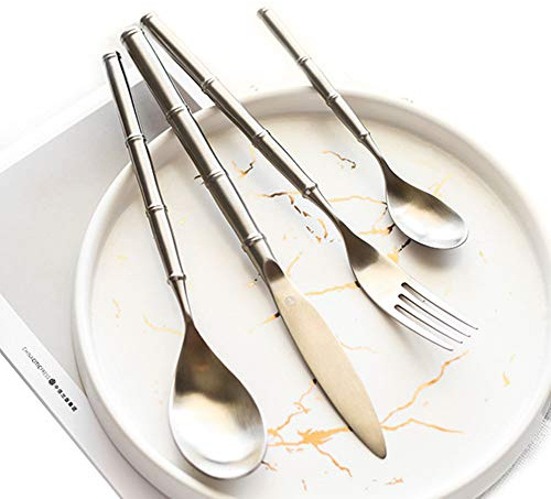 SHALOLY Cutlery Set Stainless Steel Brushed Tableware Flatware Include Knife, Fork, Spoon, Teaspoon, Plating Appearance Effect of Multi-Section Design,Gold (Silver)
