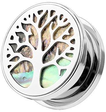 Piercingfaktor Ohr Plug Flesh Tunnel Piercing Ohrpiercing Edelstahl mit Vintage Lebensbaum Perlmutt Inlay Tree of Life Baum des Lebens Motiv 16mm